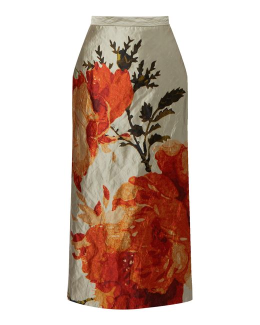 Erdem Orange Floral Satin Pencil Midi Skirt