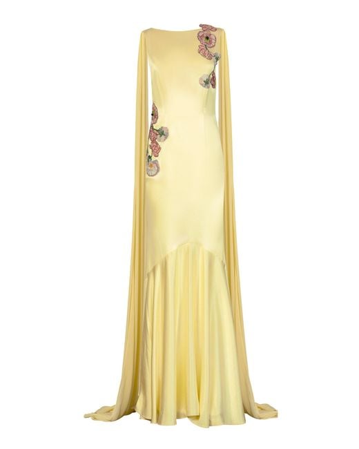 La Fuori Yellow Sunlit Bloom Embroidered Silk Maxi Dress