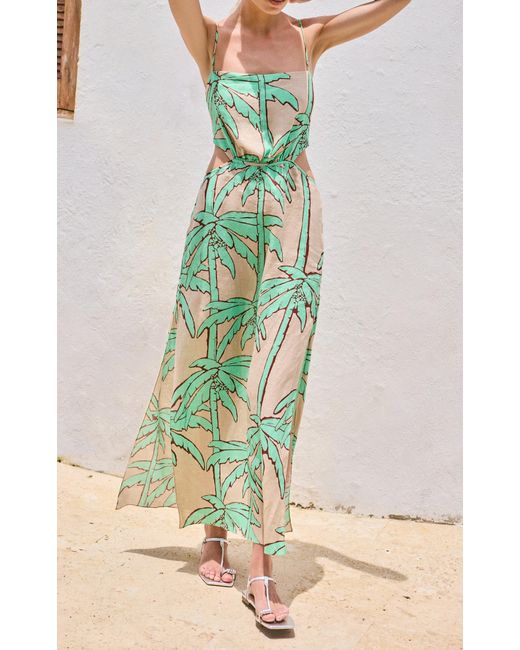 Johanna Ortiz Green Beach Harmony Printed Linen Midi Dress