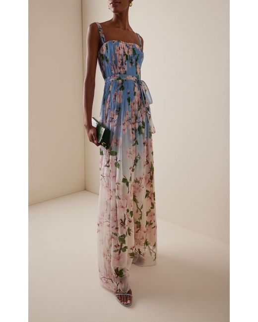 Oscar de la Renta Blue Pleated Silk Chiffon Gown