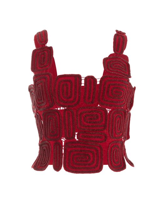Cult Gaia Red Reia Beaded Woven Wool-blend Top