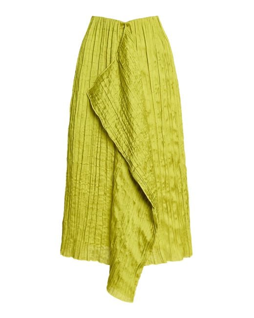 Staud Yellow Mai Crinkled-Satin Midi Skirt