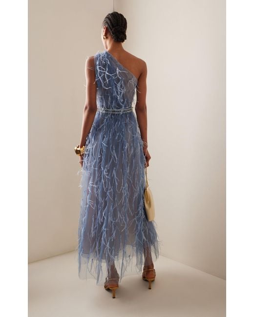 Marchesa Blue Feather-embroidered Tulle One-shoulder Midi Dress