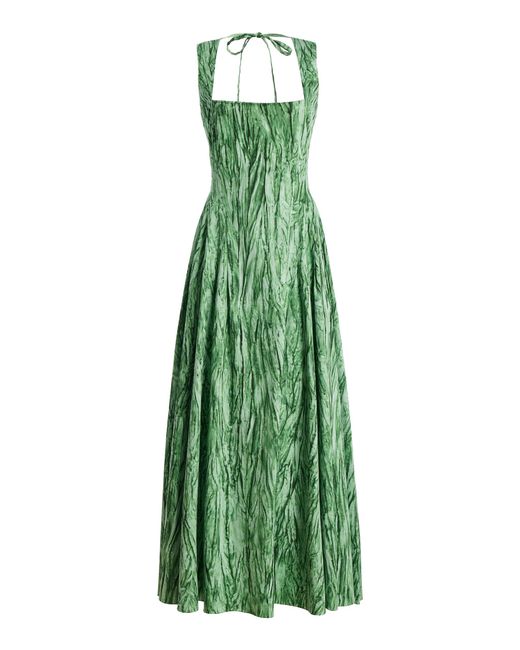 Oscar de la Renta Green Printed Poplin Sateen Midi Dress