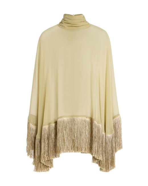 De La Vali Yellow Exclusive Levanto Fringed Silk-Chiffon Poncho Top