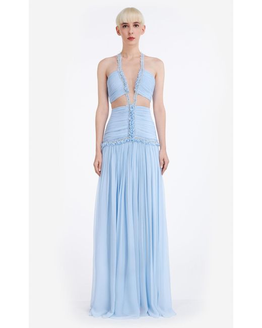 Costarellos Blue Kimberly Silk Chiffon Cut-out Gown