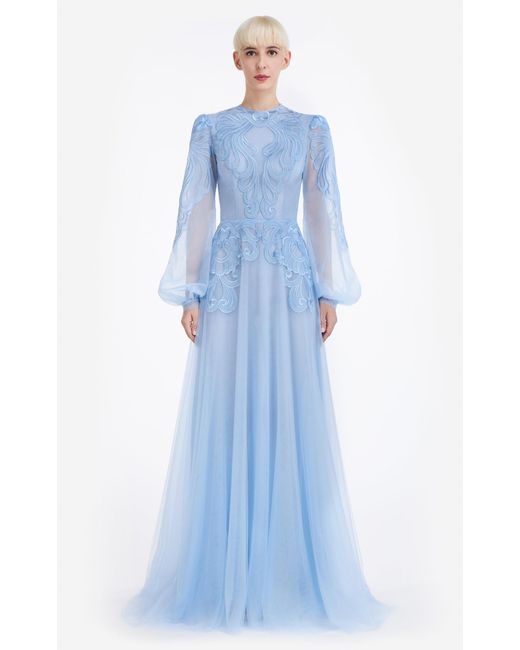 Costarellos Blue Chelsea Embroidered Tulle Gown