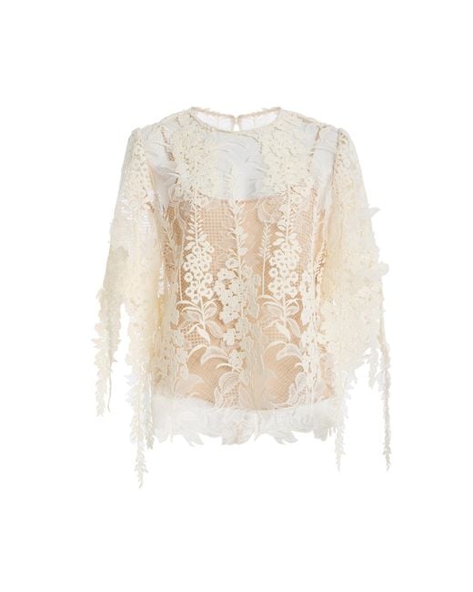 Oscar de la Renta Natural Appliquéd Lace Top