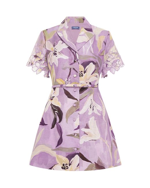 LEO LIN Pink Brigitte Applique Linen-Silk Mini Dress
