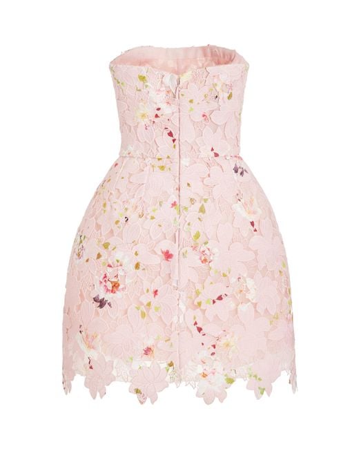 Monique Lhuillier Pink Strapless Lace-detailed Printed Mini Dress