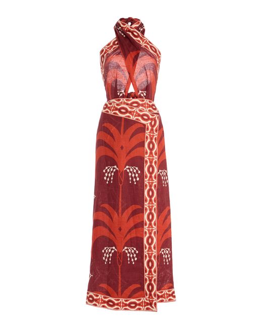 Johanna Ortiz Red Buen Viento Linen Maxi Dress