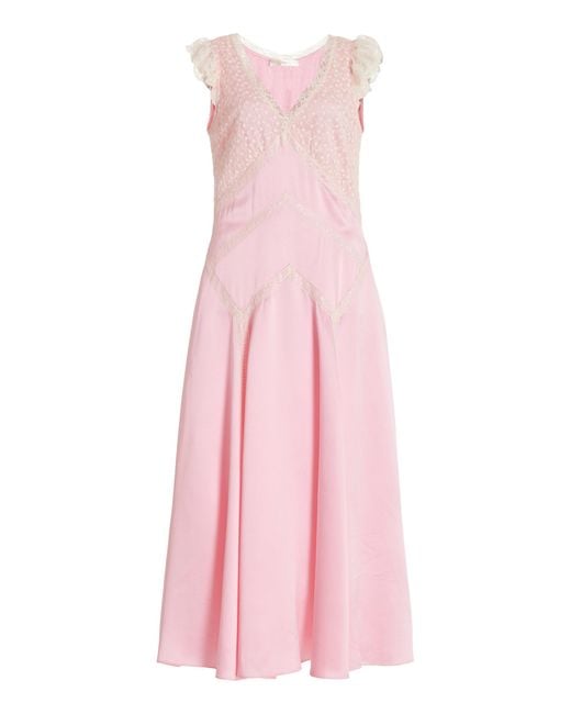 LoveShackFancy Pink Provencia Lace Silk Midi Dress