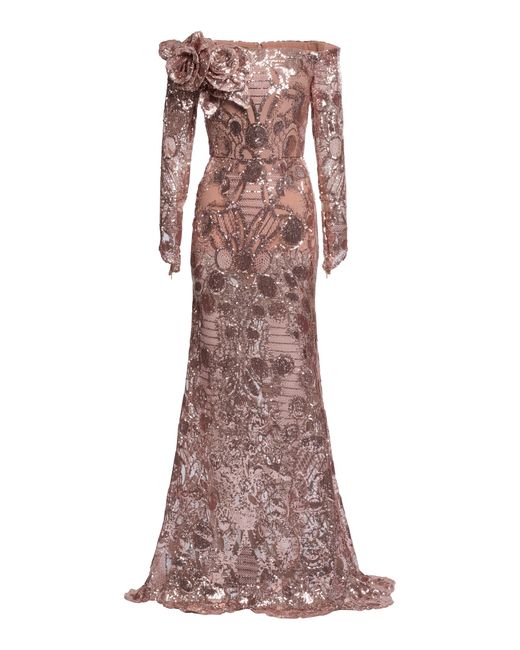 Elie Saab Purple Tulle Embroidered Off-the-shoulder Maxi Dress