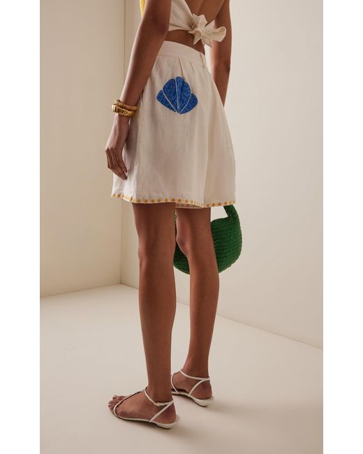 Cala De La Cruz White Sia Embroidered Linen Shorts