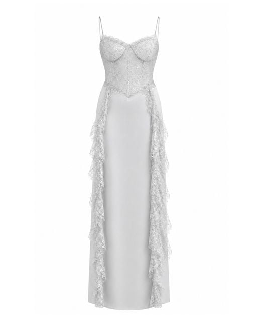 Sandra Mansour White Memory Satin Lace Maxi Dress