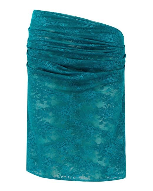 Alex Perry Blue Tucked Sheer Stretch Lace Mini Skirt