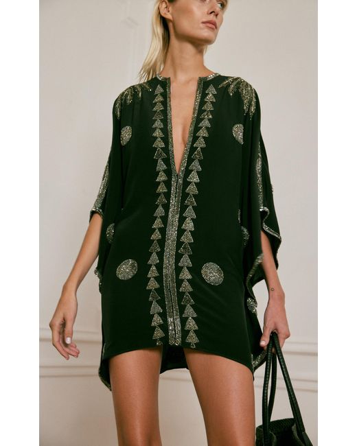 Johanna Ortiz Green Westbound Embroidered Silk Mini Tunic Dress