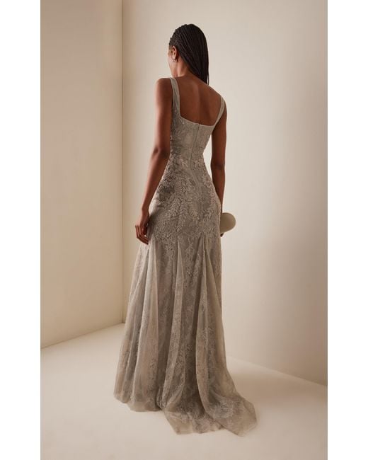 Costarellos Natural Elysia Beaded Lace Gown