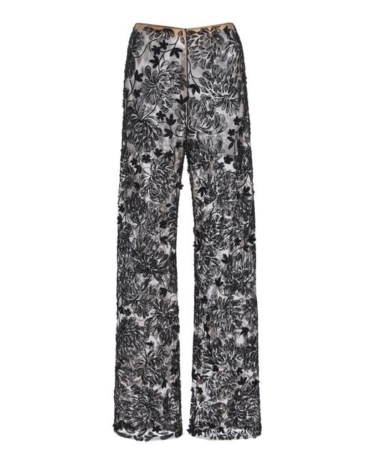 Oscar de la Renta Gray Chrysanthemum Lace Straight-Leg Pants