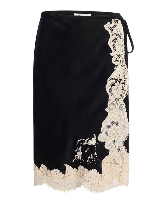 Khaite Black Apaleen Lace-Trimmed Vintage Washed Silk Midi Skirt