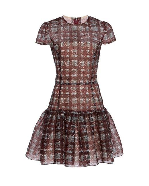Oscar de la Renta Brown Textured Tartan Silk-Blend Mini Dress