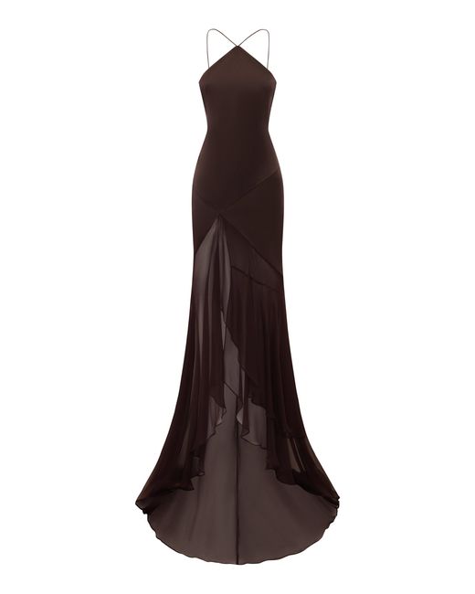 Alex Perry Brown Silk Tiered Skirt Halter Gown