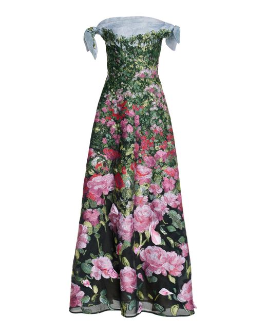 Oscar de la Renta White Sleeveless Drape English Rose Field Fil Coupe Gown