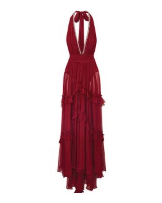 LoveShackFancy Red Hasmina Crinkled Silk Maxi Dress