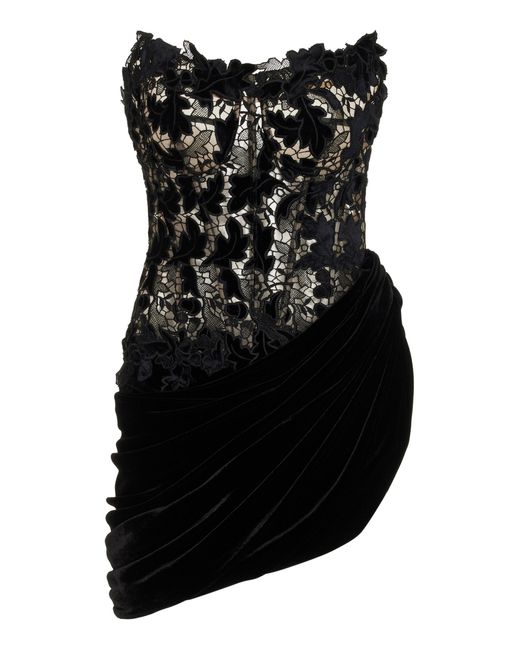 Oscar de la Renta Black Velvet And Guipure Lace Mini Dress