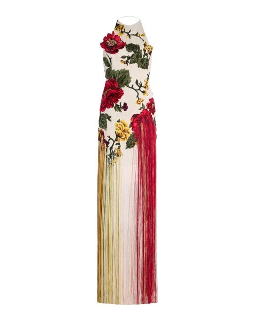 Oscar de la Renta Red Fringed Tulle Gown