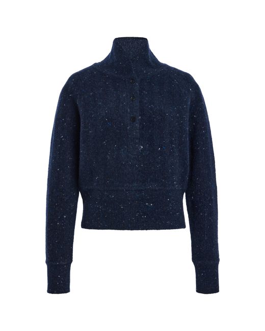 Co. Blue Cropped Henley Wool-Cashmere Sweater