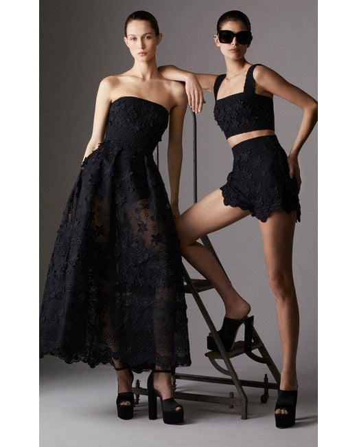 Elie Saab Black Floral-embroidered Tulle Strapless Midi Dress