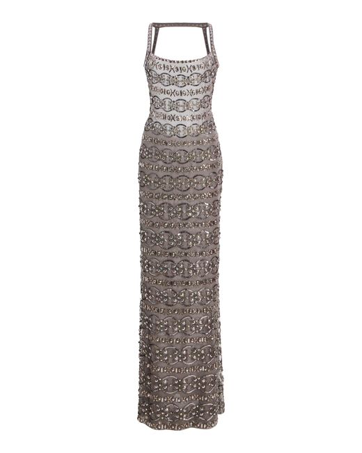 Cucculelli Shaheen Gray Iridescent Medallion Tulle Maxi Dress