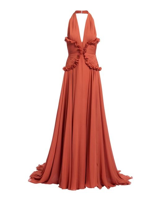 Elie Saab Red Ruffled Silk Georgette Halter Gown