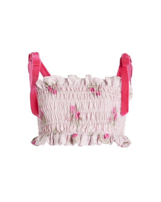 LoveShackFancy Pink Corbin Shirred Cropped Top