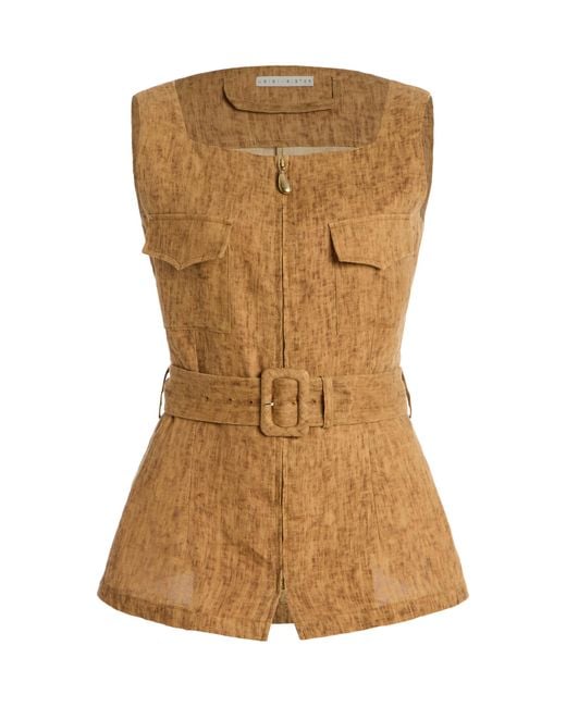 USISI SISTER Brown Gray Linen Top