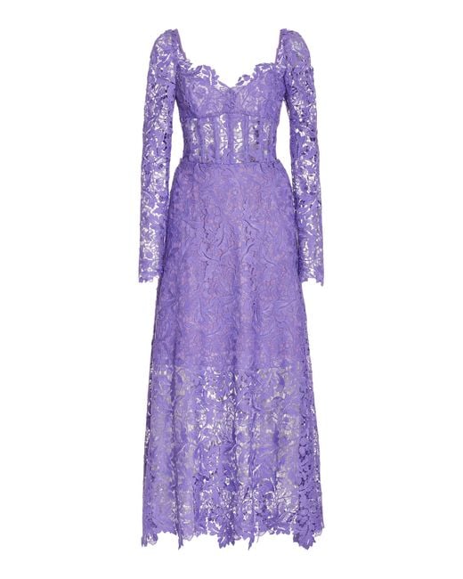 Oscar de la Renta Purple Acorn Corseted Lace Midi Dress