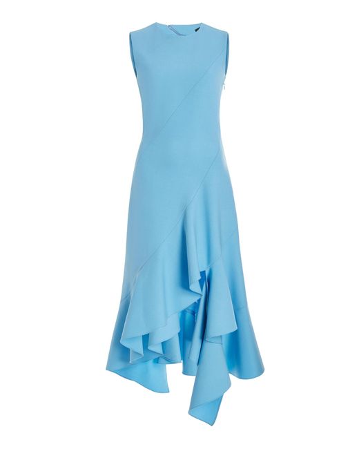 Oscar de la Renta Blue Asymmetric-hem Stretch-wool Midi Dress