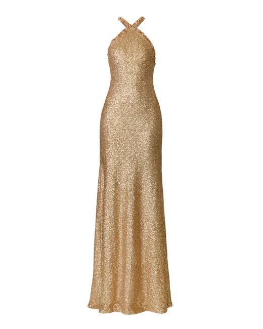 Naeem Khan Natural Halter Stretch Sequin Gown With Crystal Trim