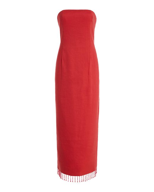 Third Form Red Flame Strapless Linen-Blend Midi Dress