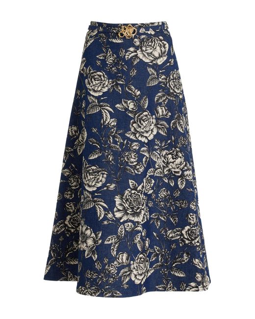 Oscar de la Renta Blue Printed Stretch-Denim Midi Skirt