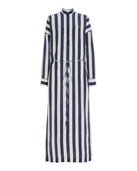 Bondi Born Blue Orta Striped Silk Crepe De Chine Maxi Shirt Dress