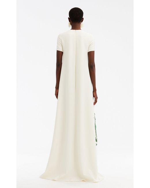 Oscar de la Renta White Embroidered Floral Wool-blend Gown
