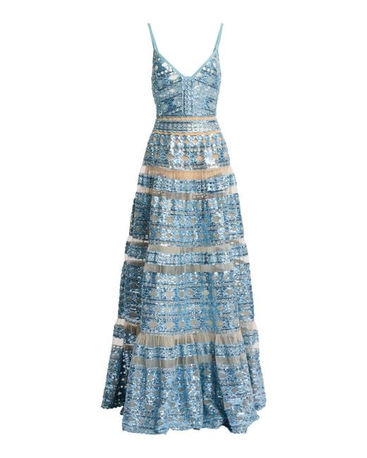 Elie Saab Blue Sequined Tulle Maxi Dress