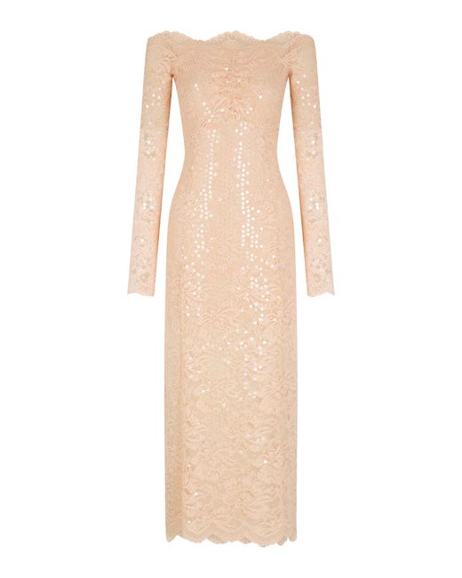 Rabanne Natural Scalloped Stretch-Lace Sequined Maxi Dress