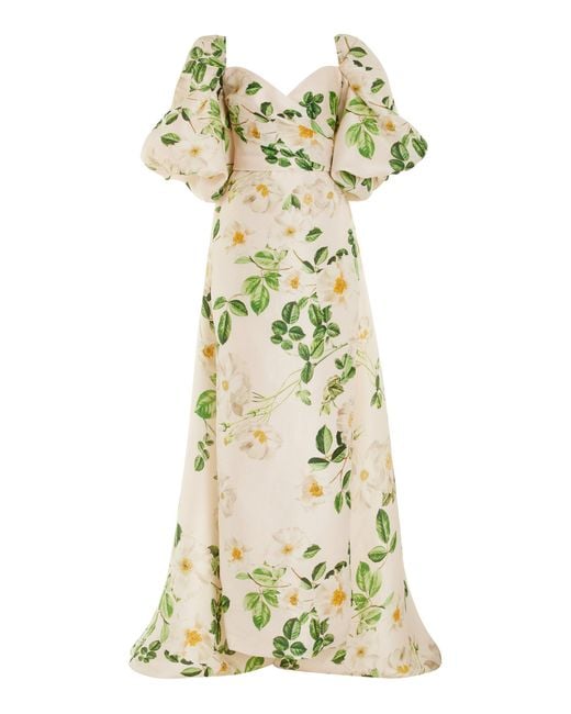 Monique Lhuillier White Off-The-Shoulder Blouson Gazar Silk Gown With Cape