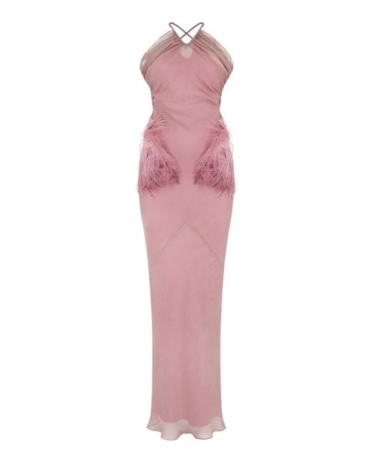 Conner Ives Pink Feather-Embellished Silk-Chiffon Gown