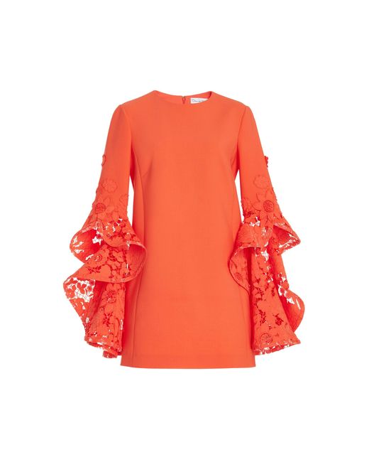 Oscar de la Renta Orange Ruffled Guipure Lace Stretch Wool Mini Dress