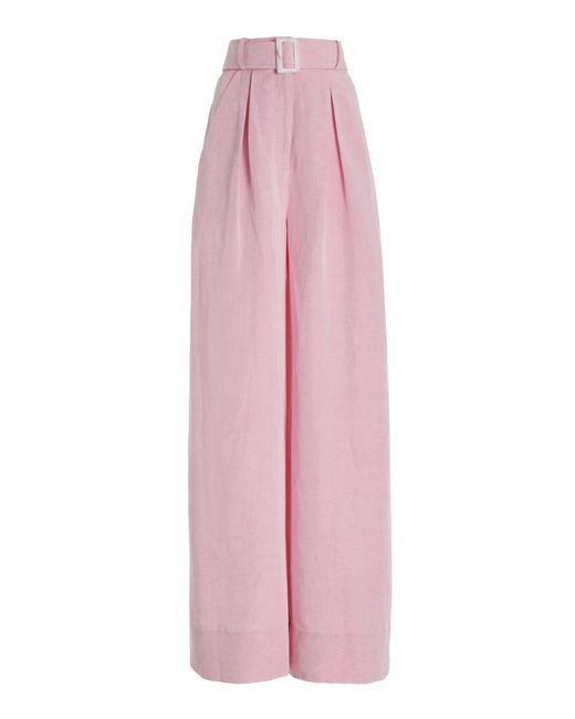 Matthew Bruch Pink Belted High-waisted Linen-blend Wide-leg Pants