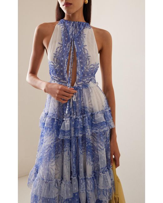 Philosophy Di Lorenzo Serafini Blue Tiered Printed-mesh Maxi Dress